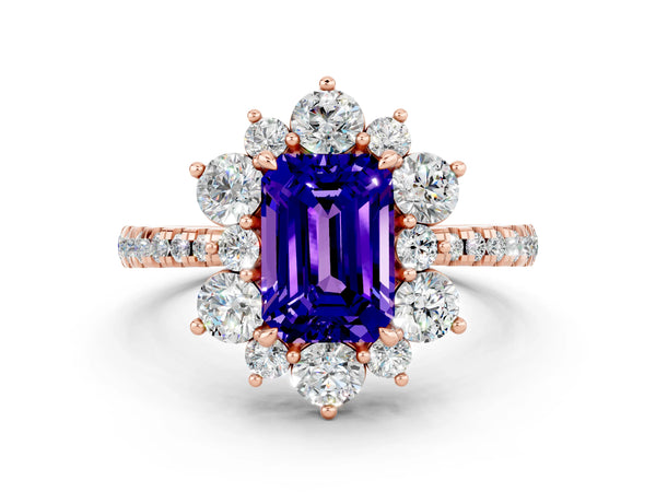 Rose gold Emerald Cut Tanzanite Floral Halo Ring with Round Pavé Band and Prong Setting