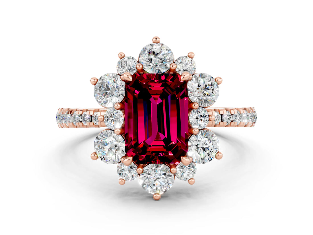 Rose gold Emerald Cut Cut Diamond Floral Halo Pave Band with Prong Setting