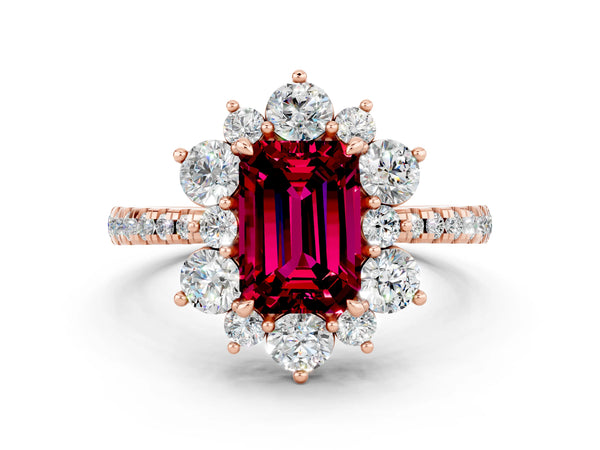 Rose gold Emerald Cut Garnet Floral Halo Ring with Round Pavé Band and Prong Setting