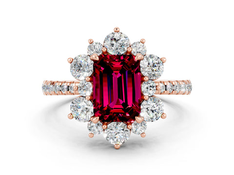 Rose gold Emerald Cut Cut Diamond Floral Halo Pave Band with Prong Setting