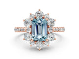 Rose gold Emerald Cut Cut Diamond Floral Halo Pave Band with Prong Setting