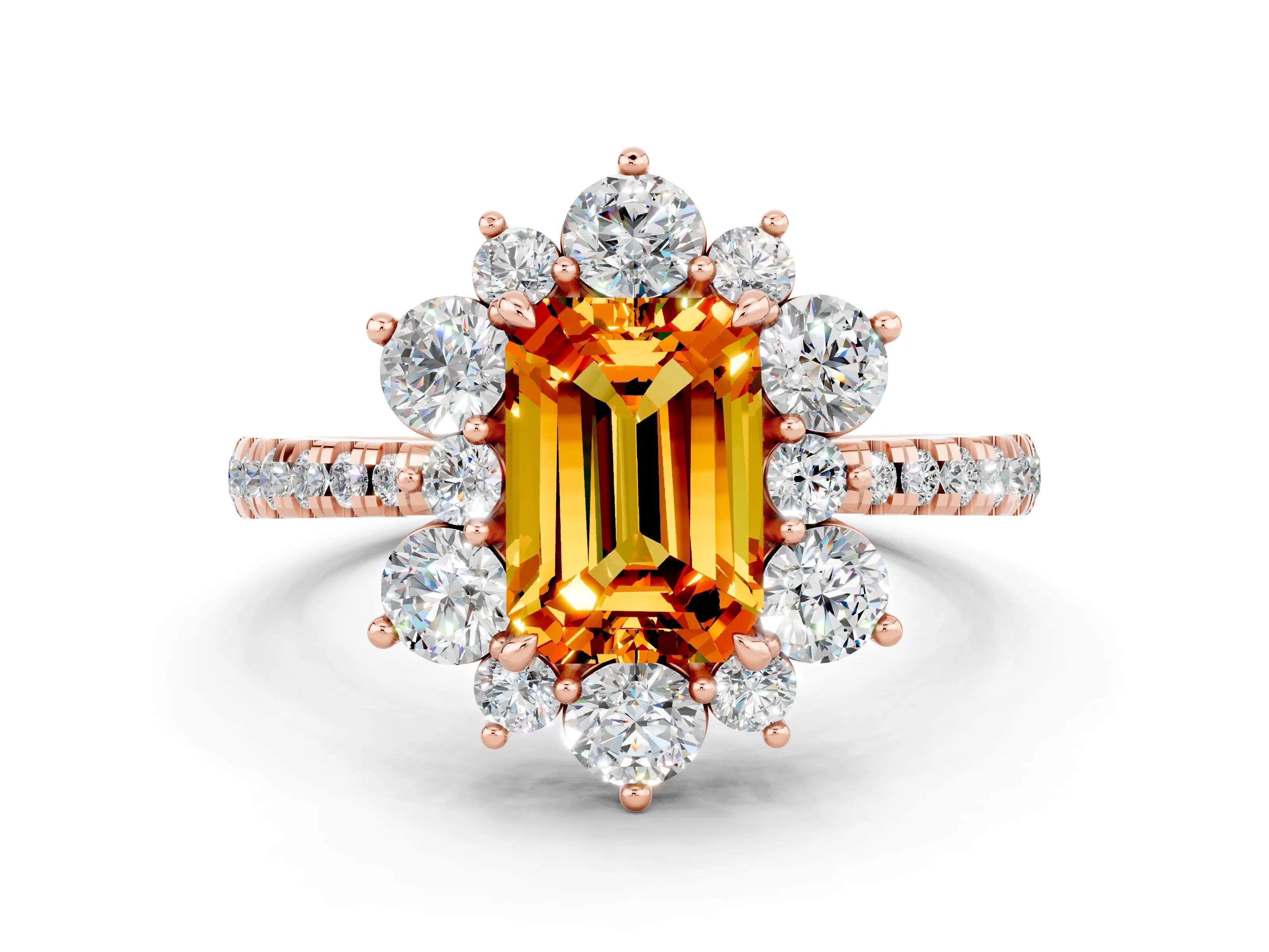 Rose gold Emerald Cut Cut Diamond Floral Halo Pave Band with Prong Setting