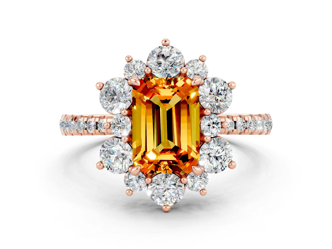 Rose gold Emerald Cut Cut Diamond Floral Halo Pave Band with Prong Setting