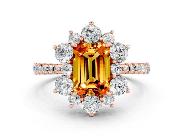Rose gold Emerald Cut Citrine Floral Halo Ring with Round Pavé Band and Prong Setting