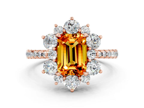 Rose gold Emerald Cut Cut Diamond Floral Halo Pave Band with Prong Setting