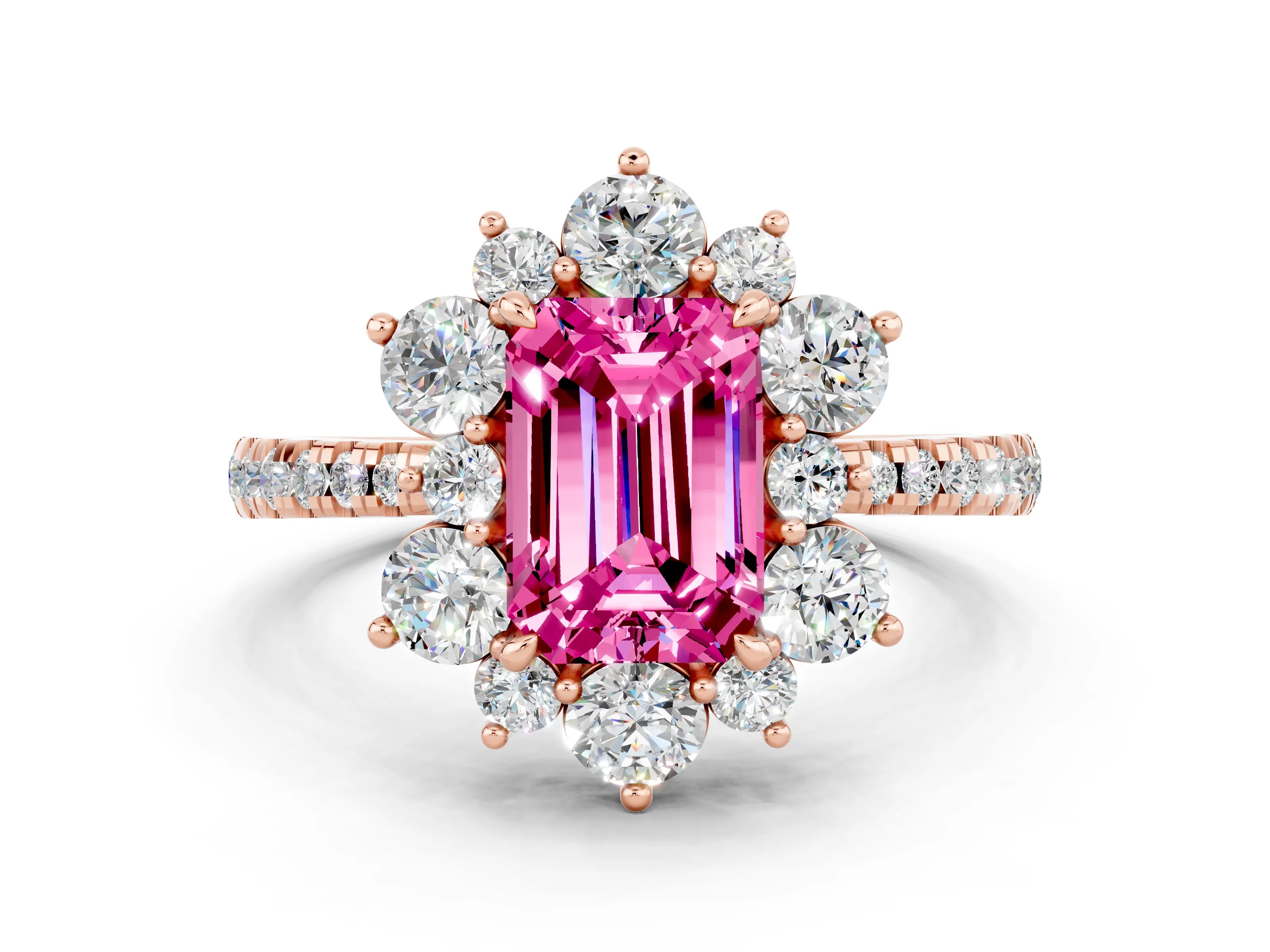 Rose gold Emerald Cut Cut Diamond Floral Halo Pave Band with Prong Setting
