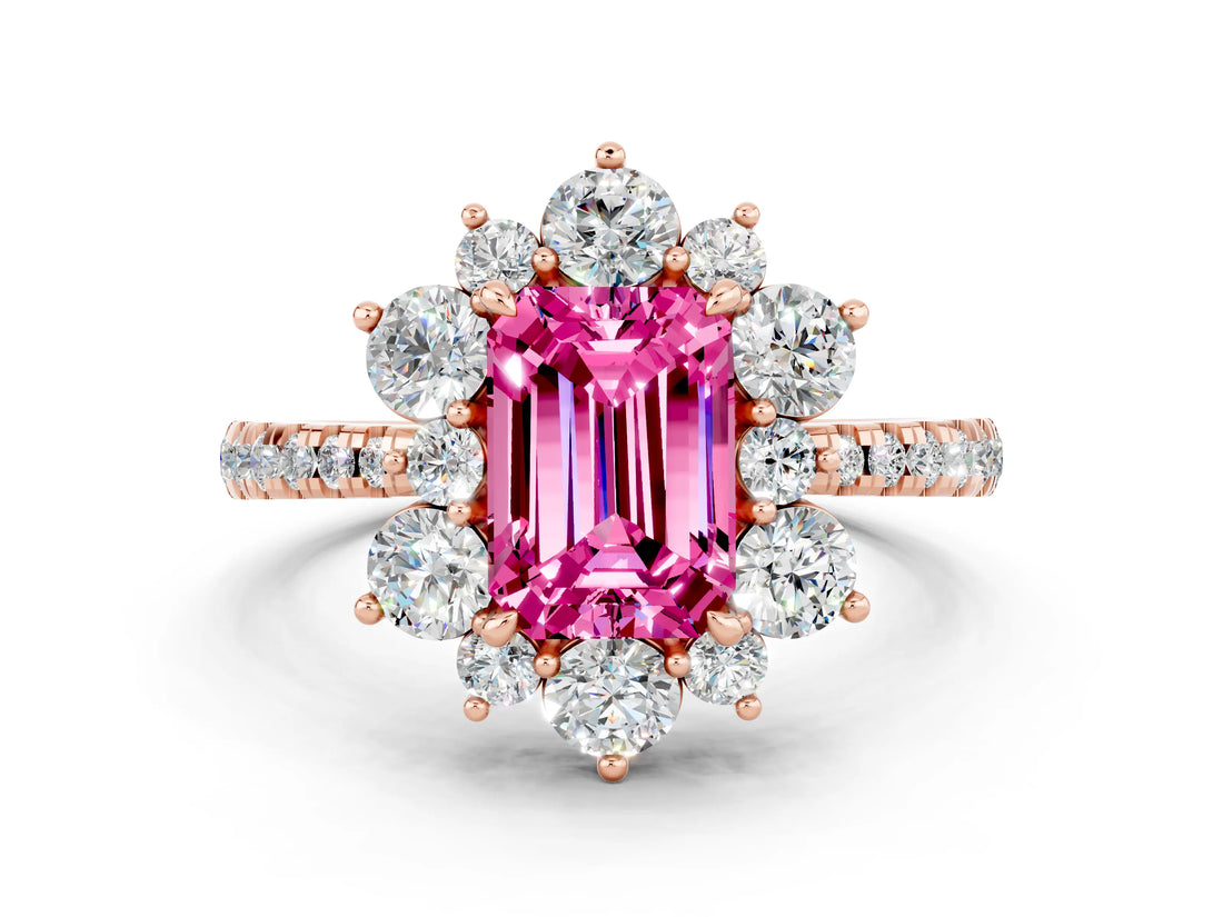 Rose gold Emerald Cut Cut Diamond Floral Halo Pave Band with Prong Setting