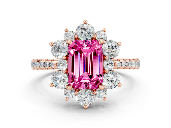 Rose gold Emerald Cut Pink Sapphire Floral Halo Ring with Round Pavé Band and Prong Setting