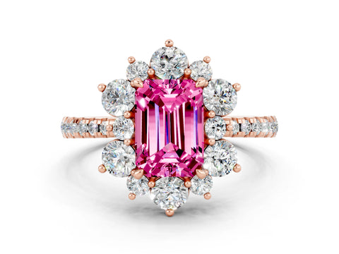 Rose gold Emerald Cut Cut Diamond Floral Halo Pave Band with Prong Setting