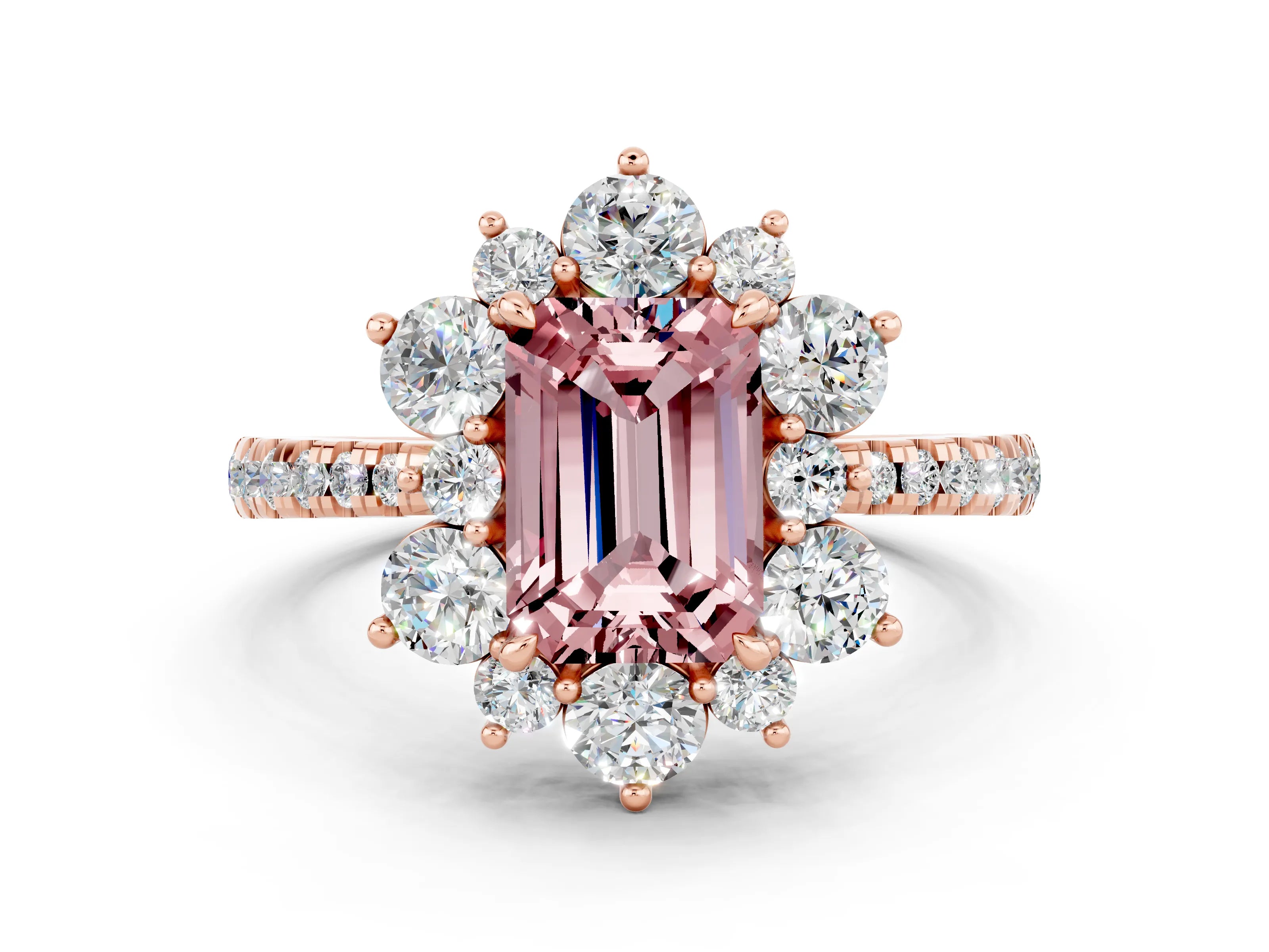Rose gold Emerald Cut Cut Diamond Floral Halo Pave Band with Prong Setting