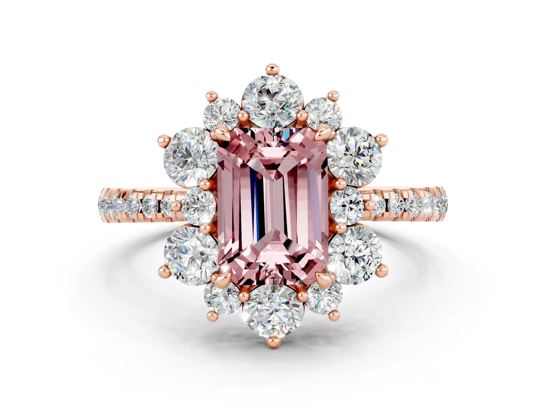 Rose gold Emerald Cut Cut Diamond Floral Halo Pave Band with Prong Setting