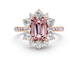 Rose gold Emerald Cut Cut Diamond Floral Halo Pave Band with Prong Setting