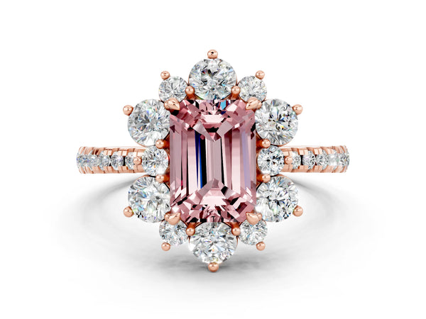 Rose gold Emerald Cut Cut Diamond Floral Halo Pave Band with Prong Setting