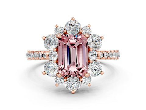 Rose gold Emerald Cut Cut Diamond Floral Halo Pave Band with Prong Setting