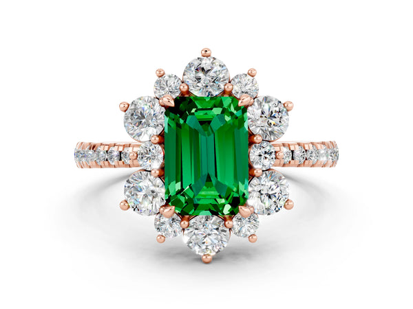 Rose gold Emerald Cut Emerald Floral Halo Ring with Round Pavé Band and Prong Setting