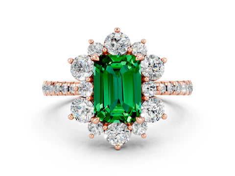 Rose gold Emerald Cut Cut Diamond Floral Halo Pave Band with Prong Setting