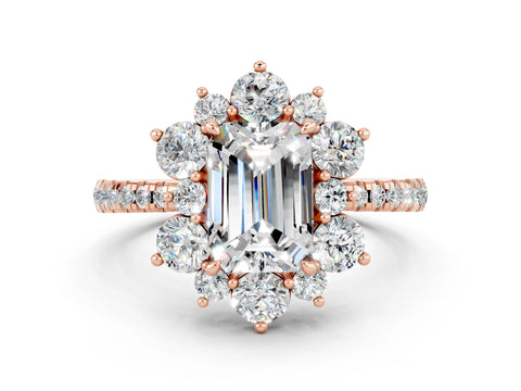 Rose gold Emerald Cut Cut Diamond Floral Halo Pave Band with Prong Setting