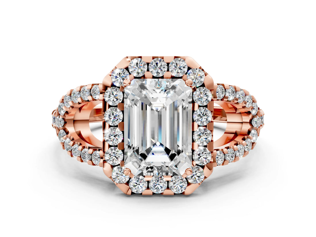 Rose gold Emerald Cut Cut Diamond Halo Engagement Ring with Open Split Pavé Band_9