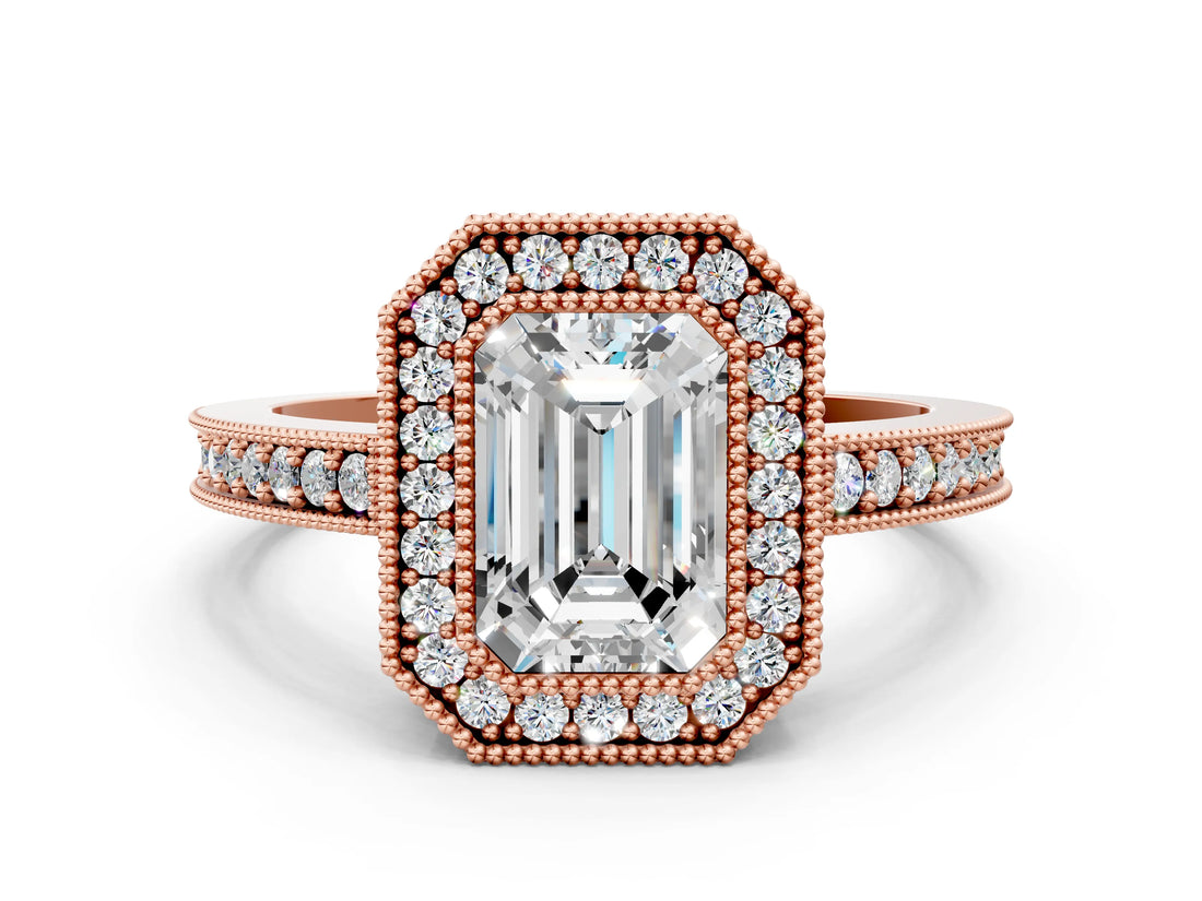 Rose gold Emerald Cut-Cut Diamond Halo Engagement Ring with Pave Band and Prong Setting_9
