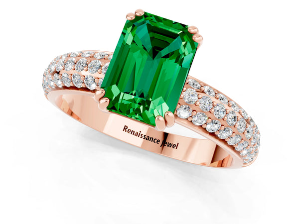 Rose gold Emerald Cut Emerald Vintage Milgrain Ring with Round  Stations