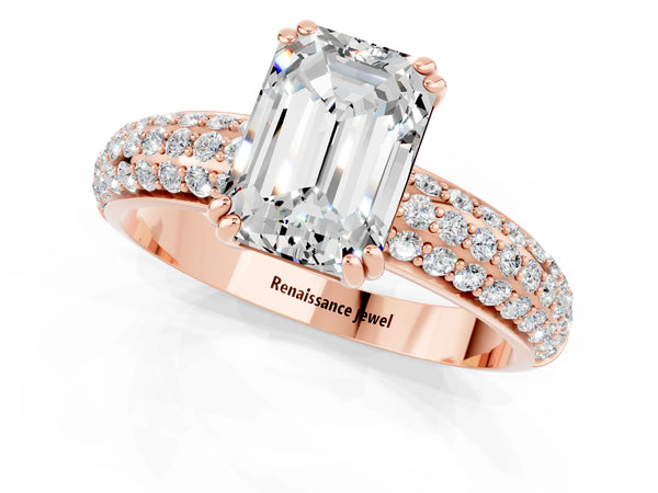 Rose gold Emerald Cut Moissanite Vintage Milgrain Ring with Round  Stations