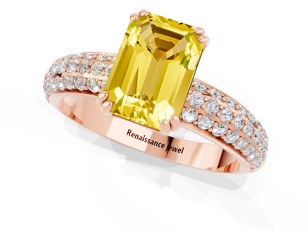 Rose gold Emerald Cut Yellow Sapphire Vintage Milgrain Ring with Round  Stations