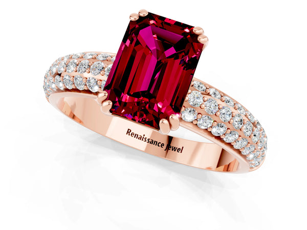 Rose gold Emerald Cut Garnet Vintage Milgrain Ring with Round  Stations