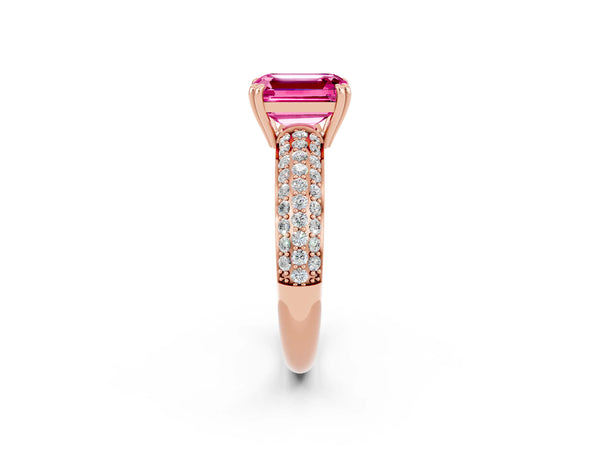 Rose gold Emerald Cut Pink Sapphire Vintage Milgrain Ring with Round  Stations