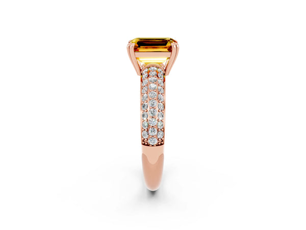 Rose gold Emerald Cut Citrine Vintage Milgrain Ring with Round  Stations