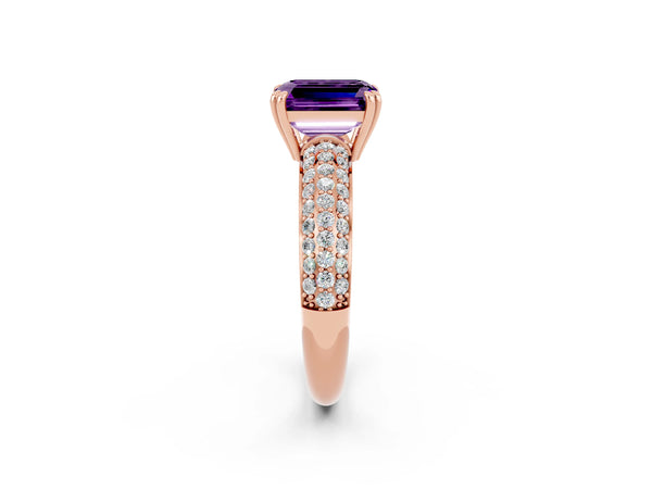 Rose gold Emerald Cut Amethyst Vintage Milgrain Ring with Round  Stations
