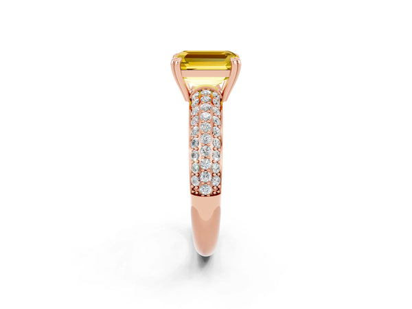 Rose gold Emerald Cut Yellow Sapphire Vintage Milgrain Ring with Round  Stations