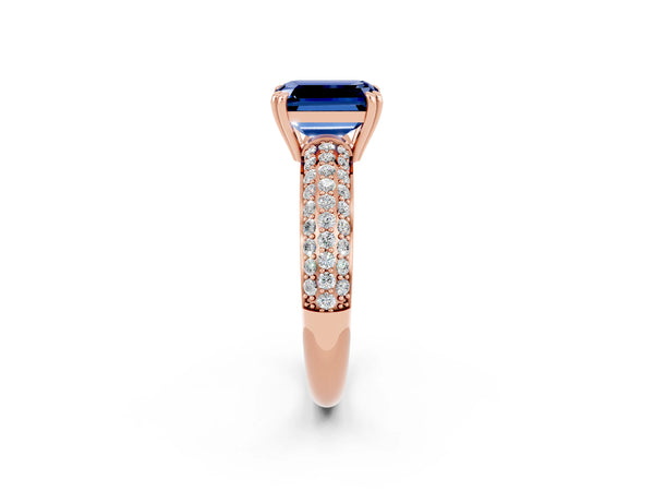 Rose gold Emerald Cut Blue Sapphire Vintage Milgrain Ring with Round  Stations