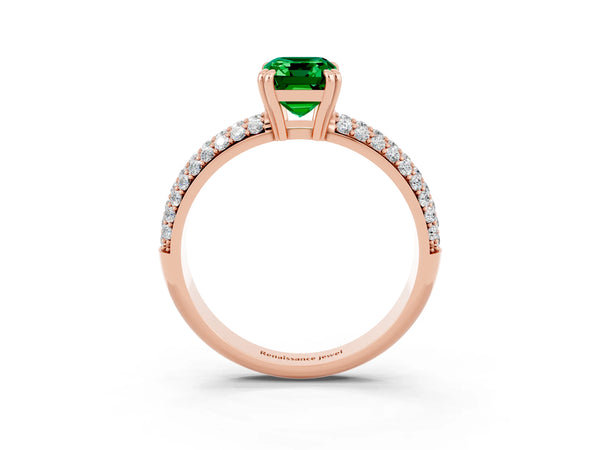Rose gold Emerald Cut Emerald Vintage Milgrain Ring with Round  Stations