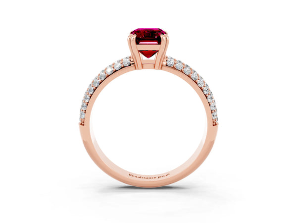 Rose gold Emerald Cut Garnet Vintage Milgrain Ring with Round  Stations