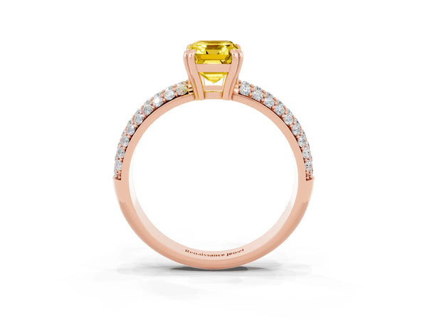 Rose gold Emerald Cut Yellow Sapphire Vintage Milgrain Ring with Round  Stations