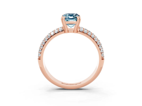 Rose gold Emerald Cut Aquamarine Vintage Milgrain Ring with Round  Stations