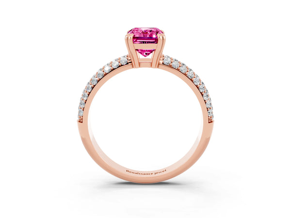 Rose gold Emerald Cut Pink Sapphire Vintage Milgrain Ring with Round  Stations