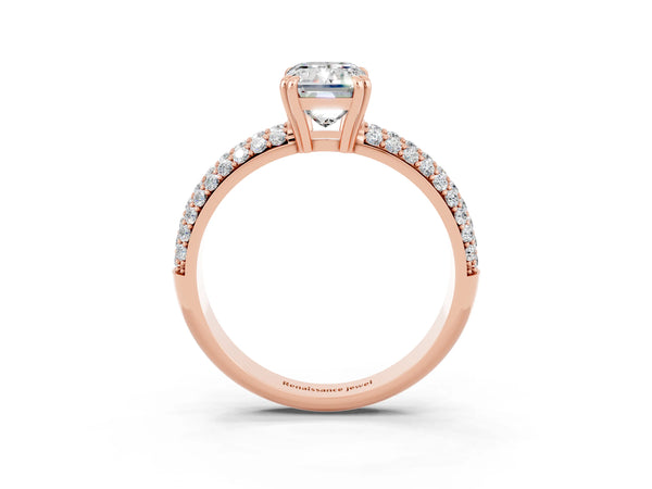 Rose gold Emerald Cut Moissanite Vintage Milgrain Ring with Round  Stations