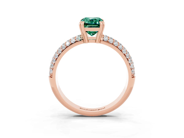 Rose gold Emerald Cut Green Sapphire Vintage Milgrain Ring with Round  Stations