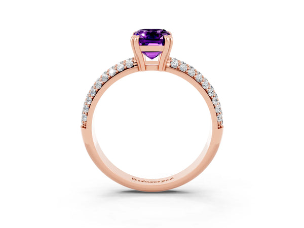 Rose gold Emerald Cut Amethyst Vintage Milgrain Ring with Round  Stations