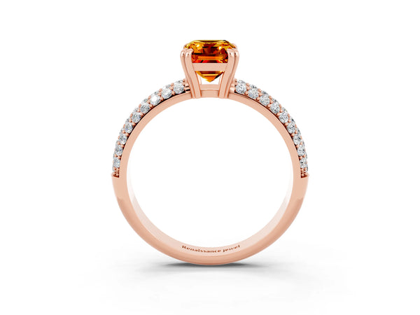 Rose gold Emerald Cut Citrine Vintage Milgrain Ring with Round  Stations