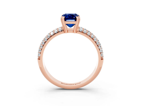 Rose gold Emerald Cut Blue Sapphire Vintage Milgrain Ring with Round  Stations
