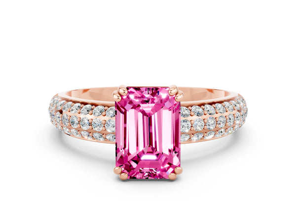 Rose gold Emerald Cut Pink Sapphire Vintage Milgrain Ring with Round  Stations