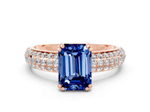 Rose gold Emerald Cut Blue Sapphire Vintage Milgrain Ring with Round  Stations