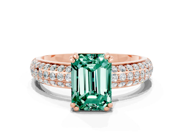 Rose gold Emerald Cut Green Sapphire Vintage Milgrain Ring with Round  Stations