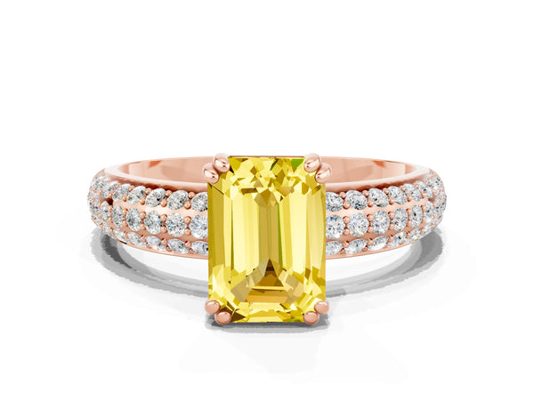 Rose gold Emerald Cut Yellow Sapphire Vintage Milgrain Ring with Round  Stations