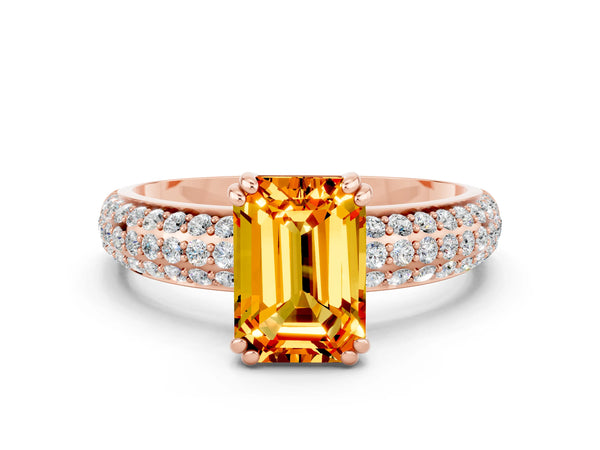 Rose gold Emerald Cut Citrine Vintage Milgrain Ring with Round  Stations