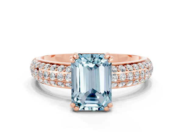 Rose gold Emerald Cut Aquamarine Vintage Milgrain Ring with Round  Stations