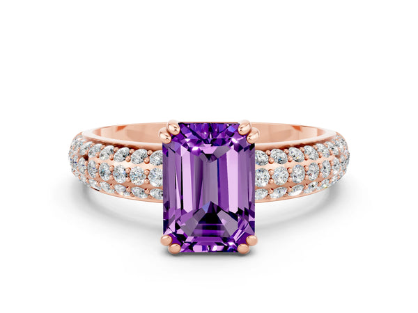 Rose gold Emerald Cut Amethyst Vintage Milgrain Ring with Round  Stations