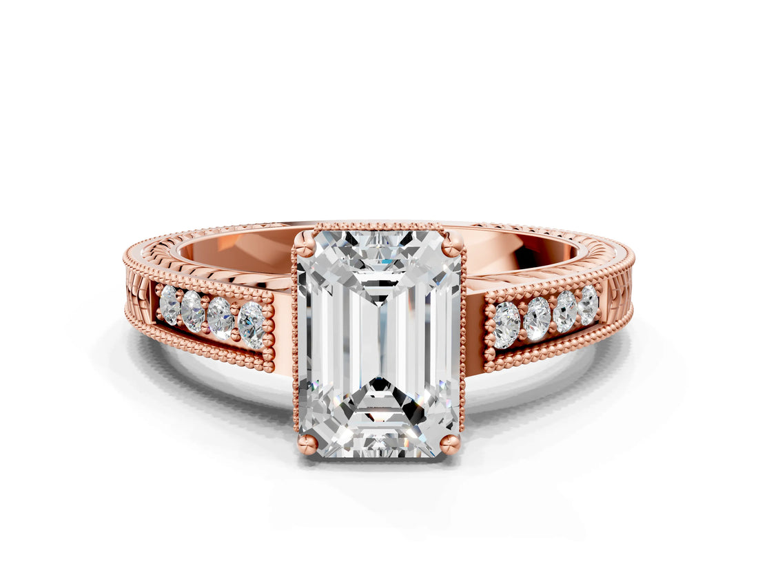 Rose gold Emerald Cut Cut Diamond Milgrain Pave Band Four-Prong Setting Ring_3